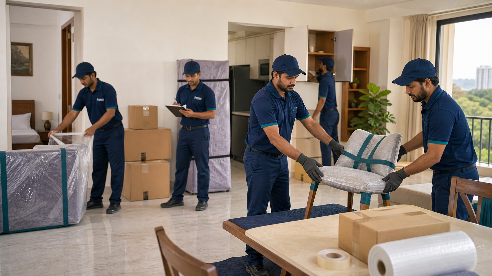 Packers and movers crew unpacking and placing furniture after home relocation