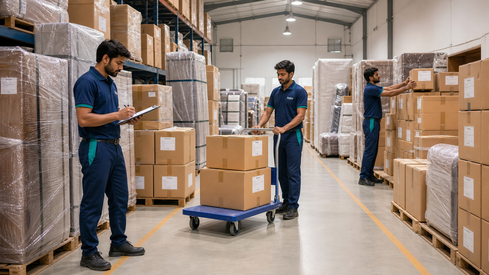 Clean storage facility with packed household goods and moving crew arranging inventory