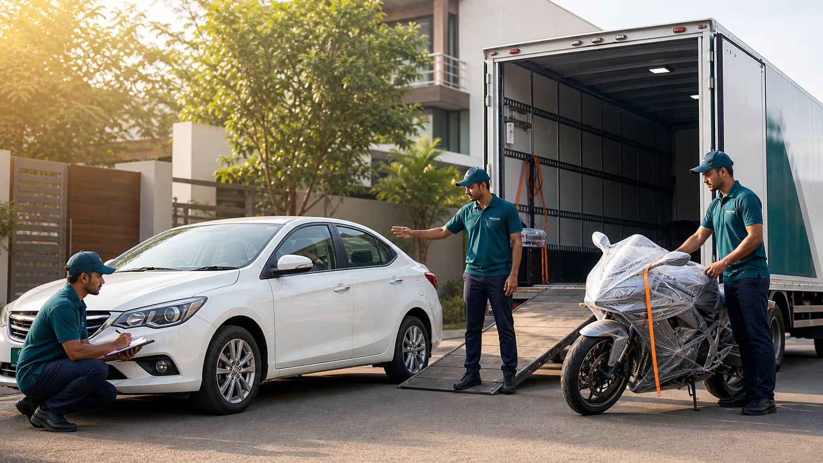 Car and bike transportation service with moving truck and relocation crew